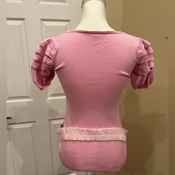Dept Pink Puff Sleeve Knit Top with Textured Belt Detail Size Small - Picture 6 of 7
